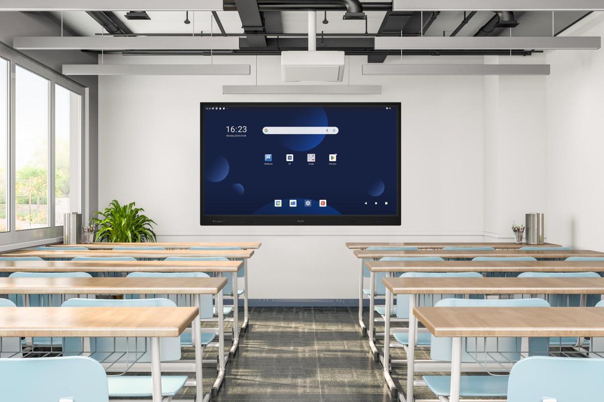 Empty classroom or presentation room interior with desks, chairs and whiteboard, 3d rendering